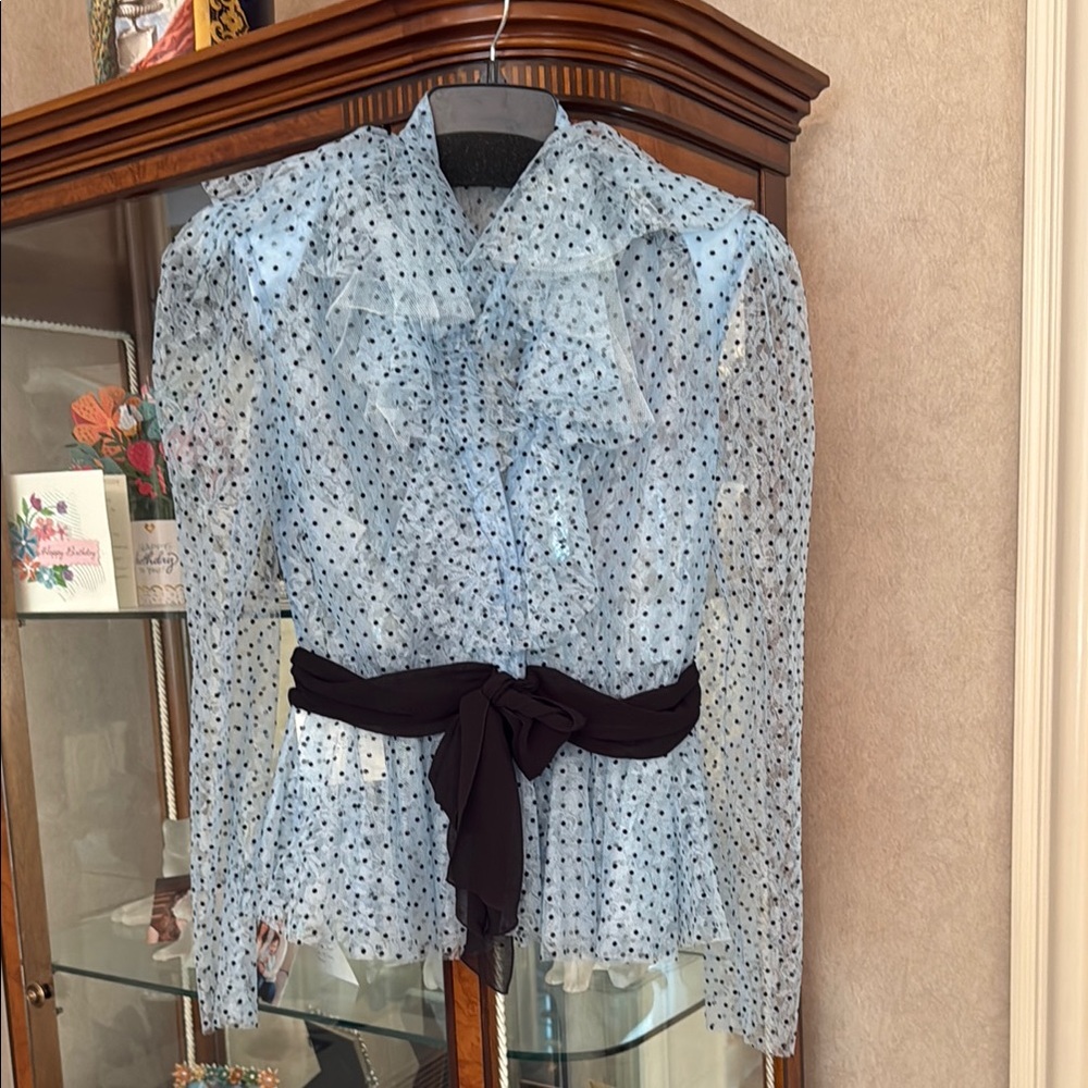 Philosophy Light Blue Polka Dot Sheer Blouse with Black Waist Tie - Picture 4 of 5